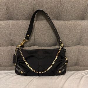 SOLD-vintage black Coach Mini Carly hobo bag in a signature jacquard canvas